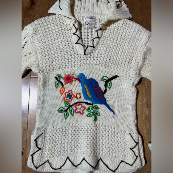 Vintage‎ Collage Knit Sweater Embroidered Bird Flowers Collared Women’s Large - Picture 2 of 4